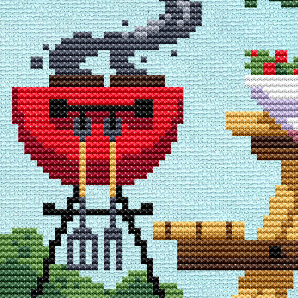 cross stitch pattern of a bbq grilling hamburgers.