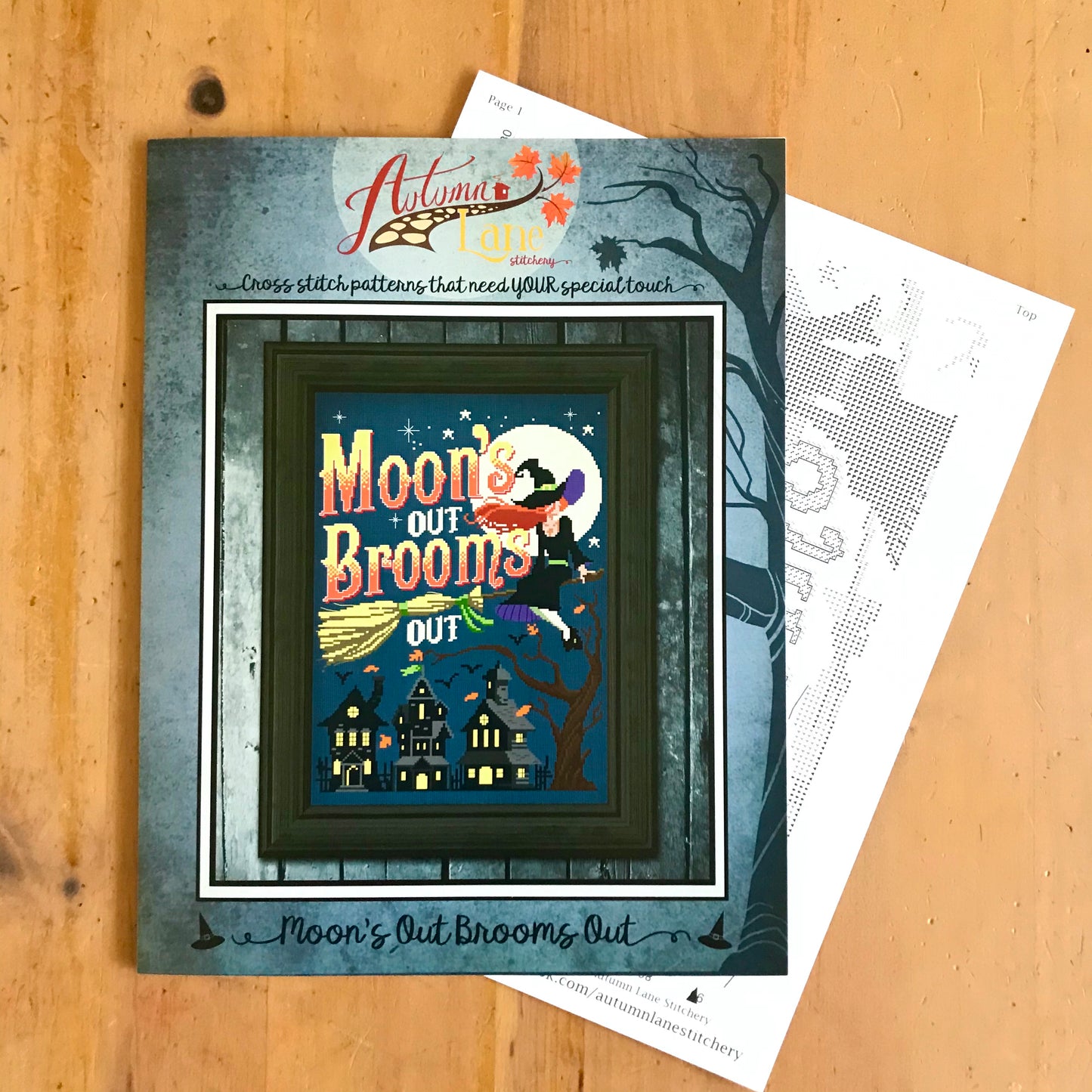 Moon's Out Brooms Out Cross Stitch Pattern - Physical Leaflet