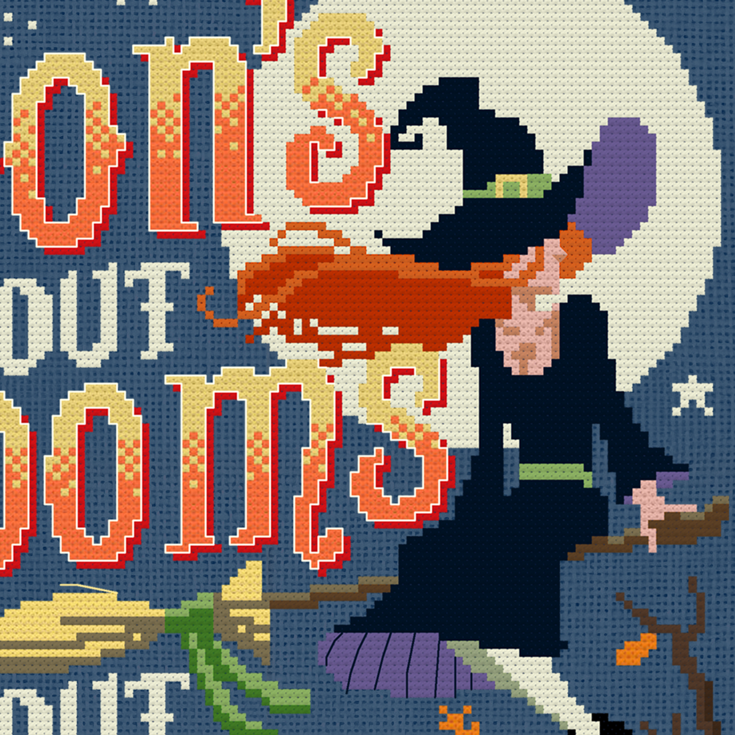 Moon's Out Brooms Out Cross Stitch Pattern - Physical Leaflet
