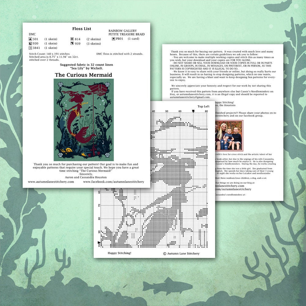 The curious Mermaid Cross Stitch Pattern - Digital Download