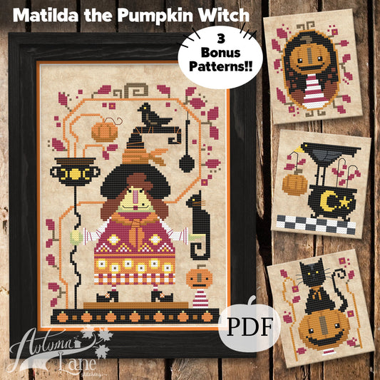 Matilda the Pumpkin Witch Cross Stitch Pattern - Digital Download