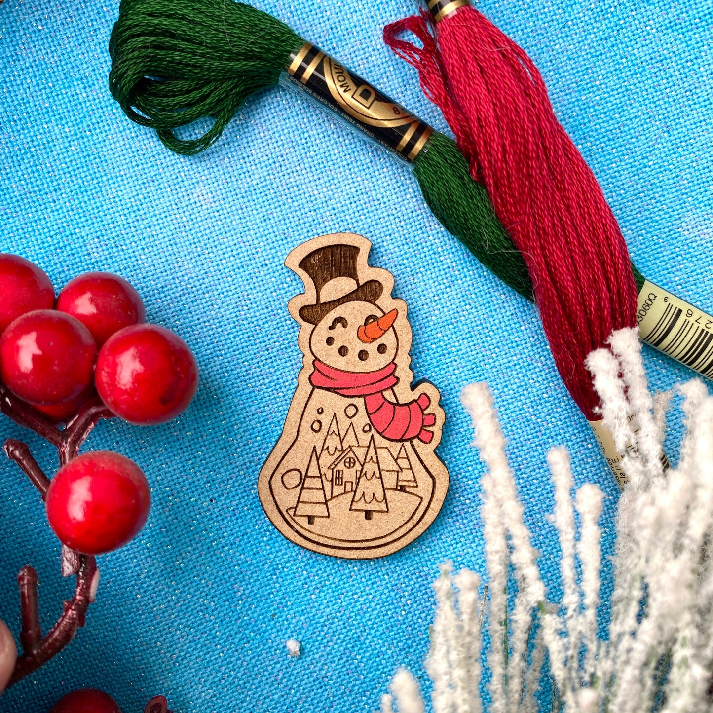 Snowman with winter scene needleminder