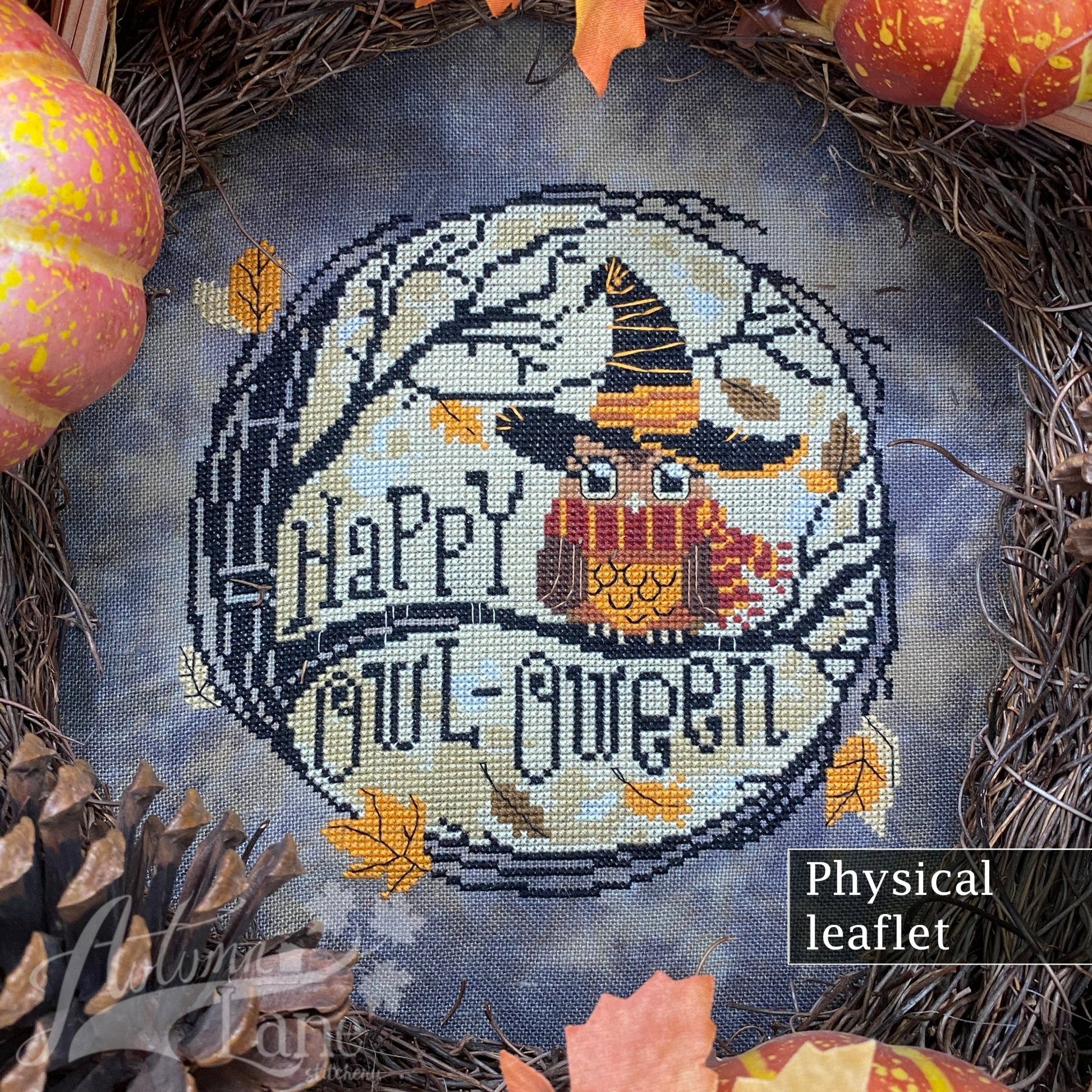 Happy Halloween cross stitch pattern. Owl wearing witch hat and Harry Potter inspired scarf, sitting on a tree branch.