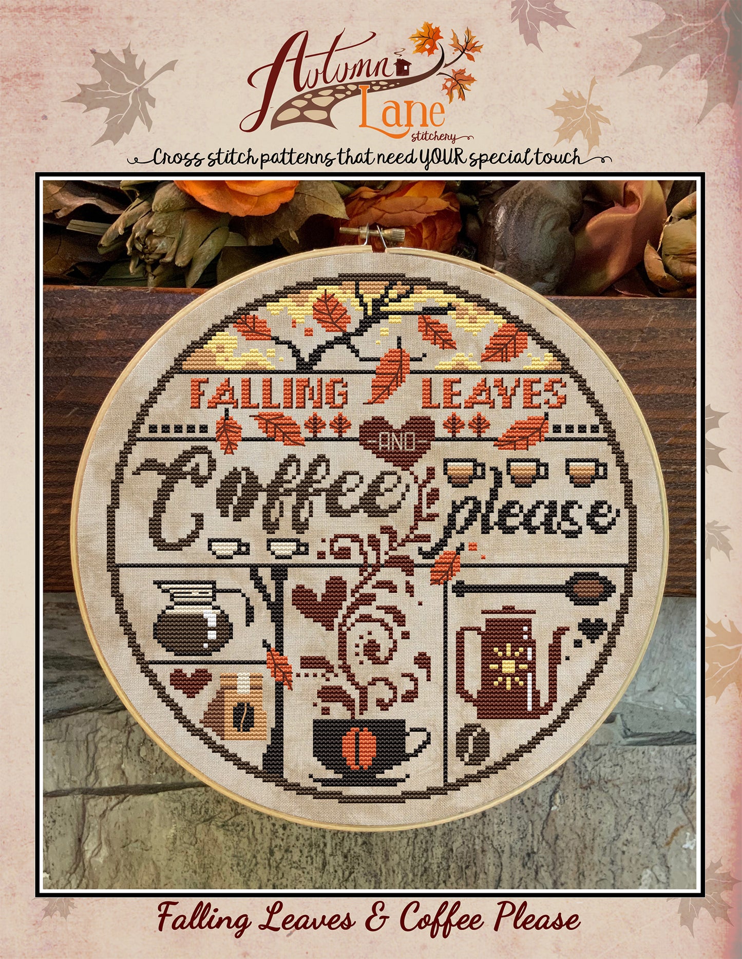 Falling Leaves Coffee Please Cross Stitch Pattern - Physical Leaflet