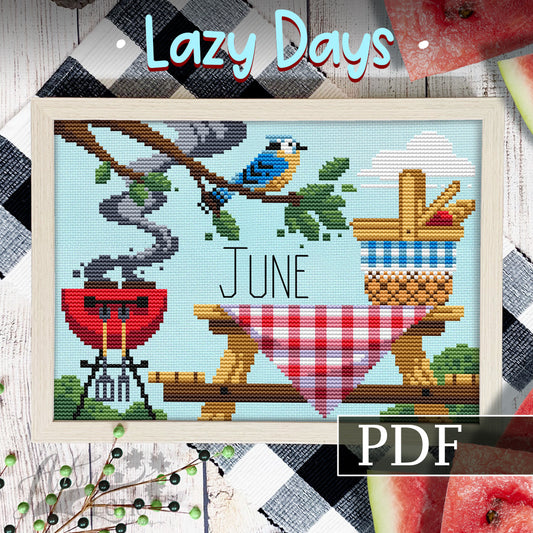 cross stitch pattern of a summer day with picnic table. A picnic basket sits on the table. A blue jay sits on a branch.