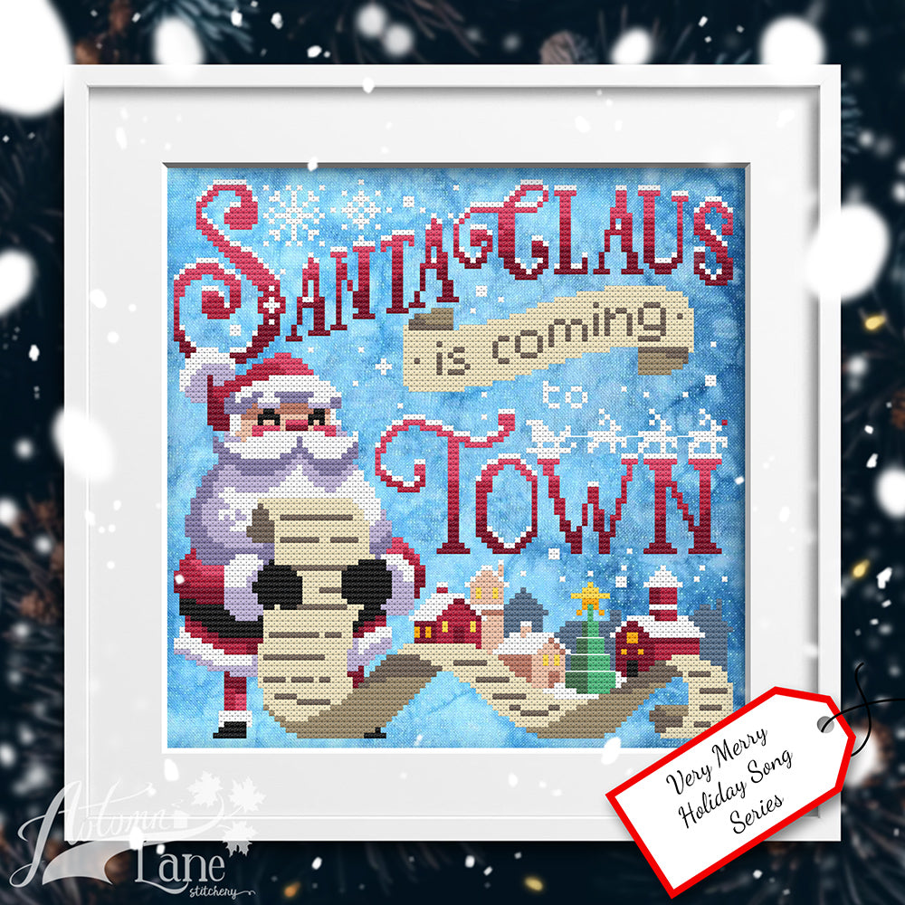 Santa Clause holding nice list with little city in the background. The text Santa Claus is coming to town in Red. Snow is falling.