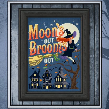 Moon's Out Brooms Out Cross Stitch Pattern - Physical Leaflet