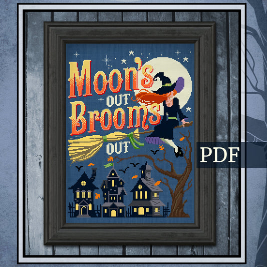 Moons' Out Brooms Out Cross Stitch Pattern - Digital Download