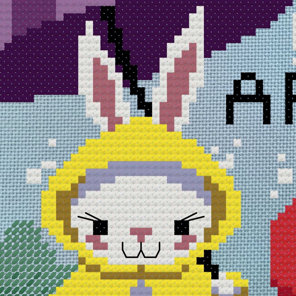 Cute rabbit with raincoat. April showers cross stitch pattern