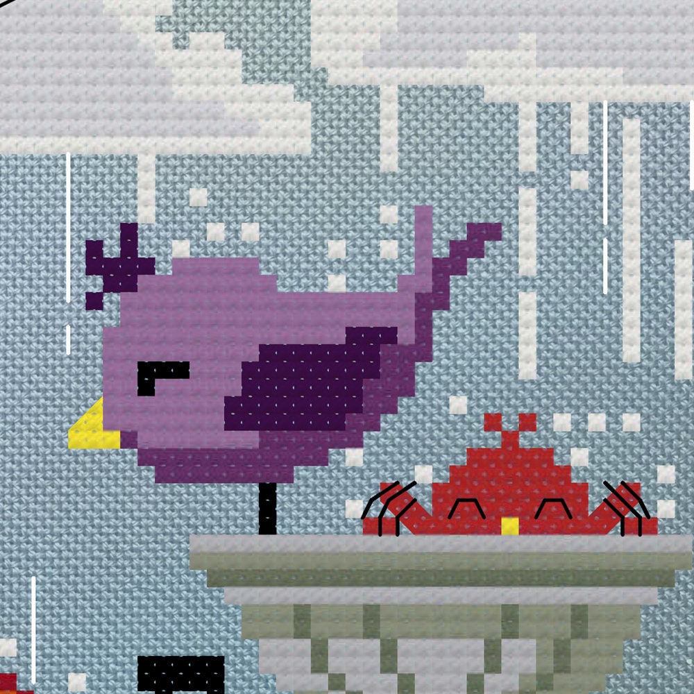 Birds playing in bird bath in the rain. April cross stitch pattern