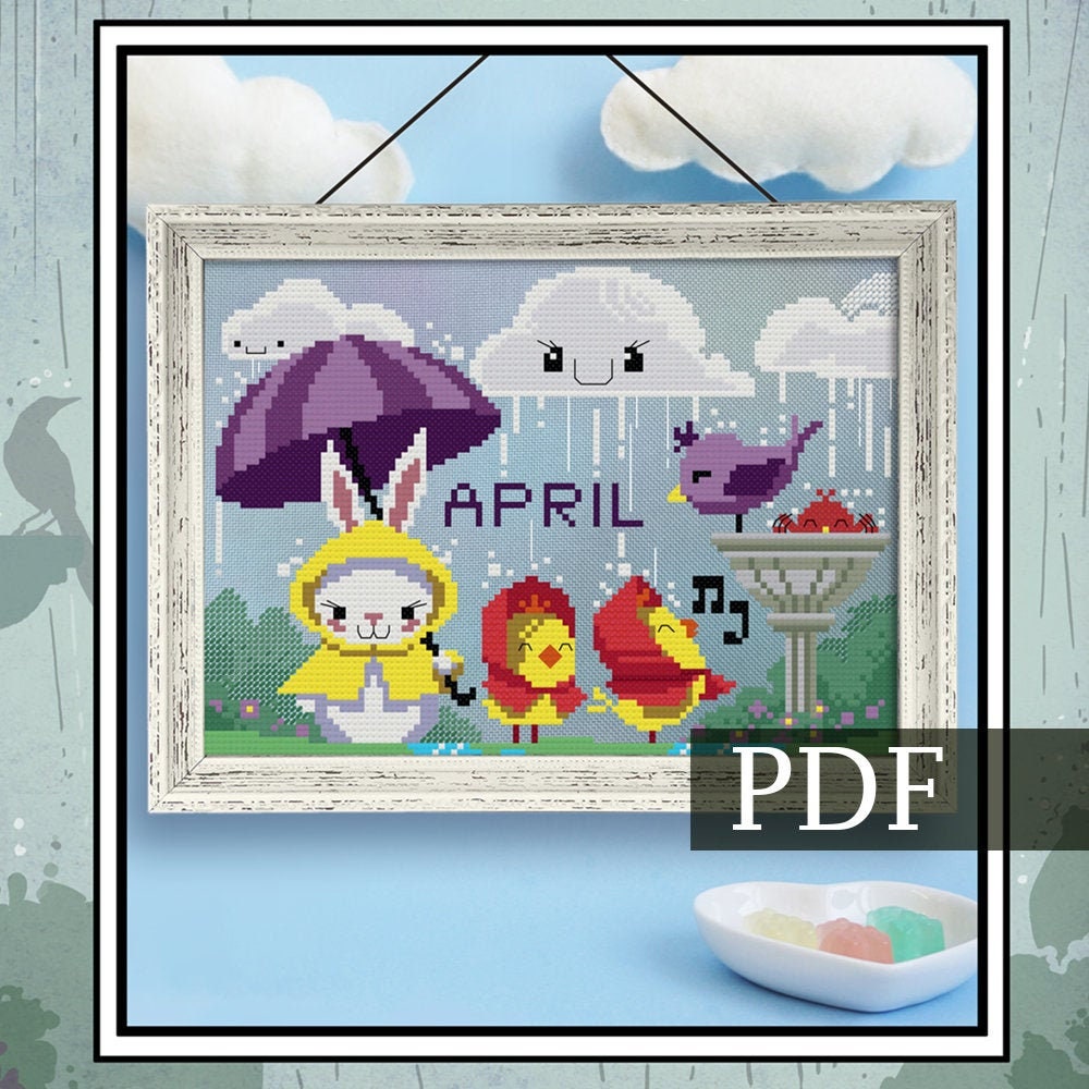 Monthly cross stitch pattern. April showers with animals playing. Cute spring animals cross stitch pattern.