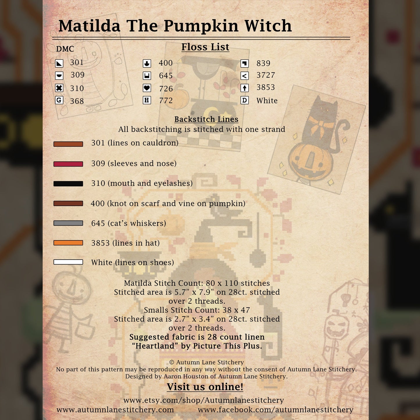 Matilda the Pumpkin Witch Cross Stitch Pattern - Physical Leaflet