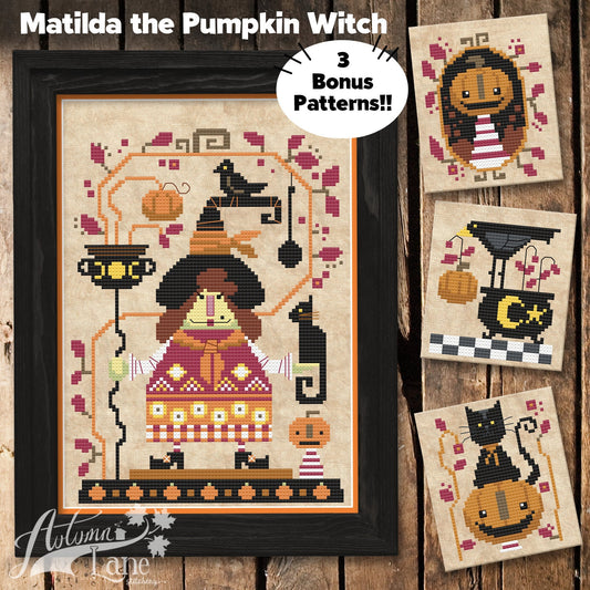 Matilda the Pumpkin Witch Cross Stitch Pattern - Physical Leaflet